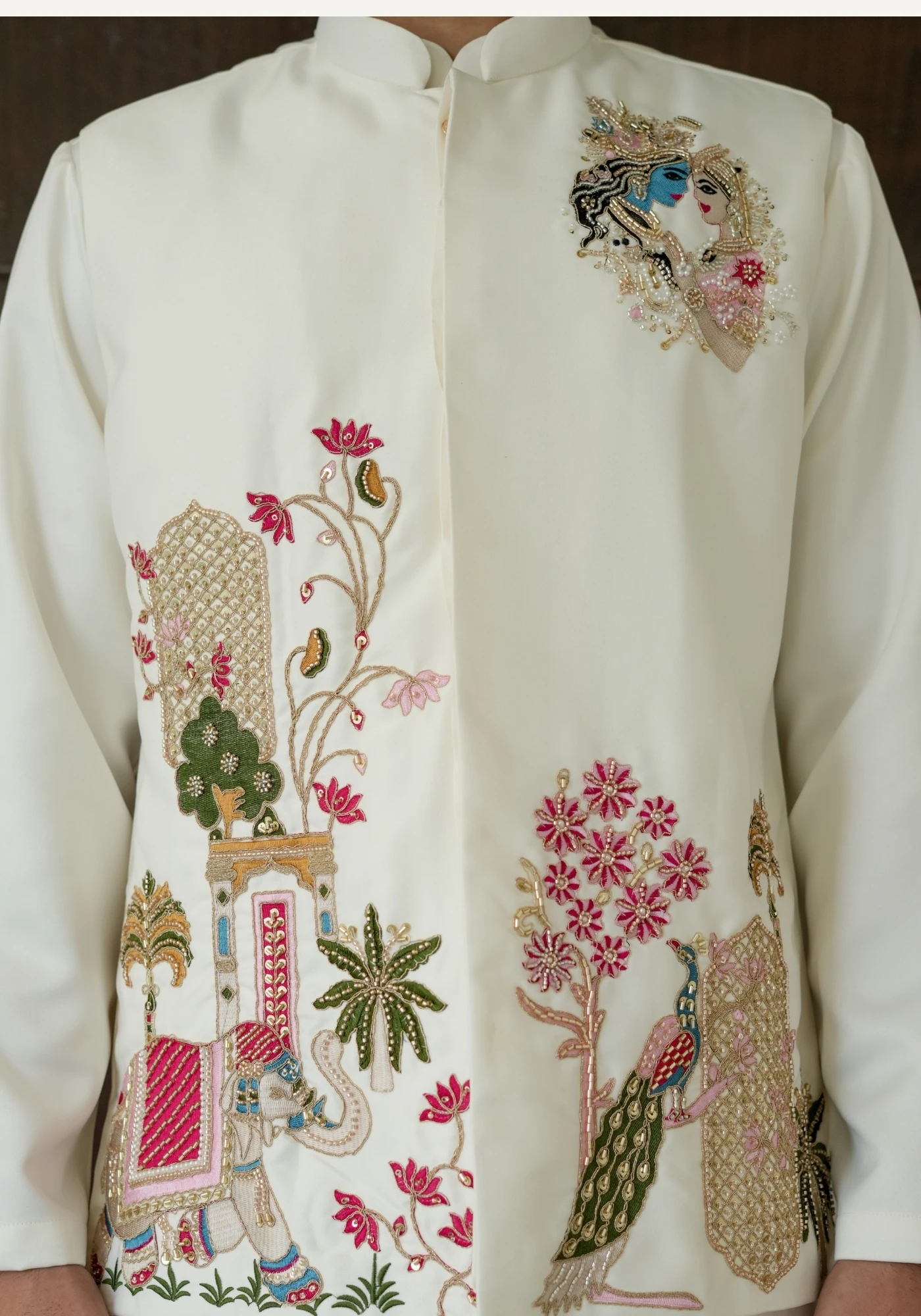 Off White Riwaayat Rangmahal Radha Krishna Embroidered Koti Kurta Pant Set - view 2