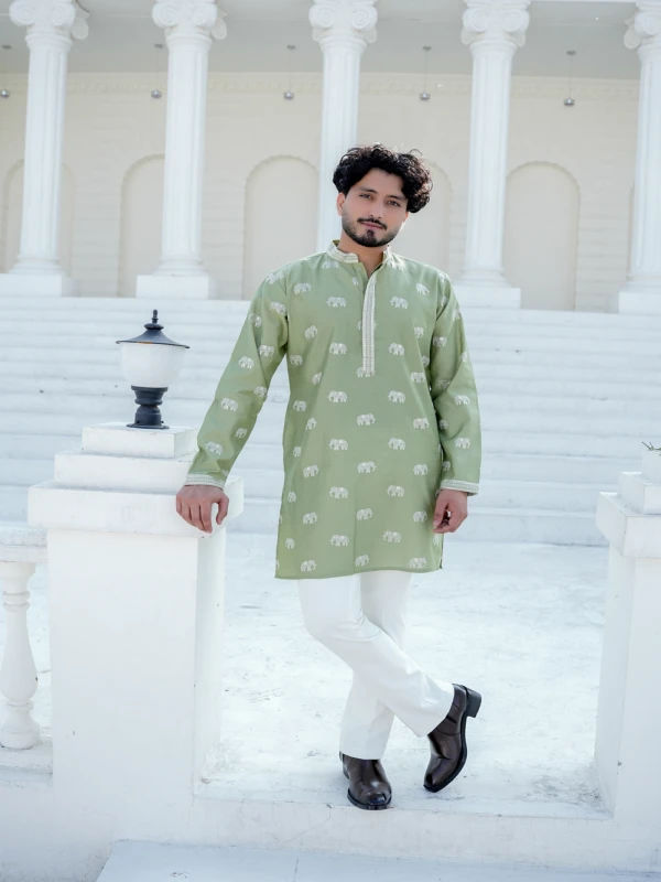 Sage Green Elephant Embroidery Kurta Festive Ethnic Wear