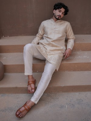Mens Beige Woven Designer Kurta Elegant Festive & Wedding Wear