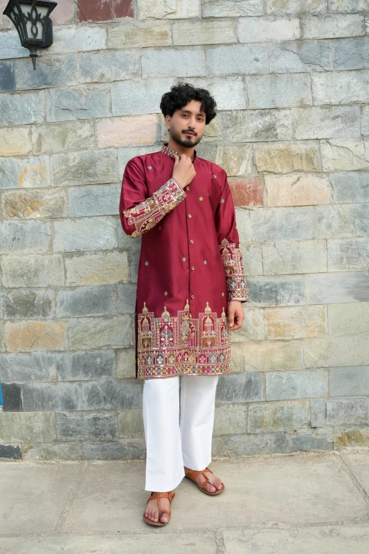 Classic Maroon Sheher Naqsh Front Open Embroidered Kurta