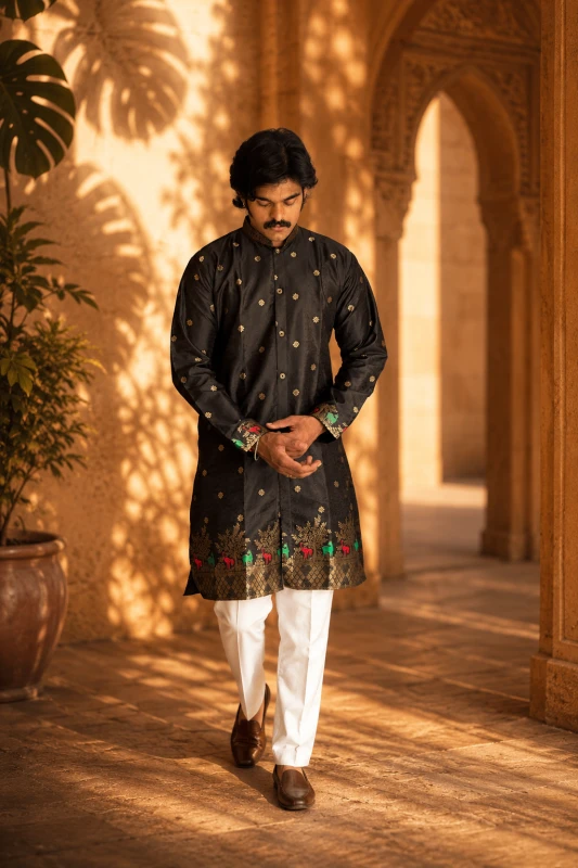 Black Bunaavat Pashu Baagh Jacquard Front Open Kurta