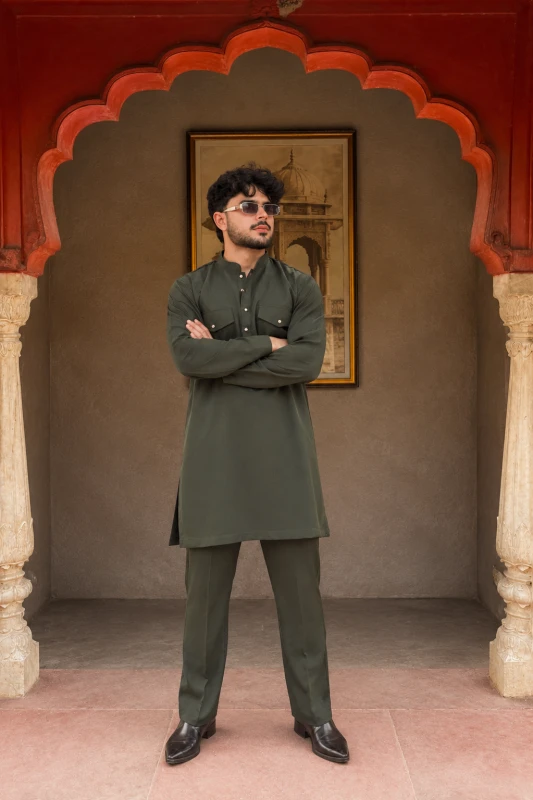 Olive Green Riwaayat Vastra Pathani Kurta Pant Set