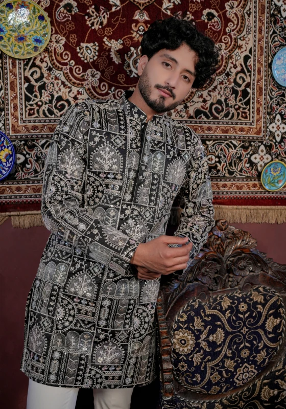 Charcoal Black Rangrez Jharokha Naqsh Embroidered Kurta