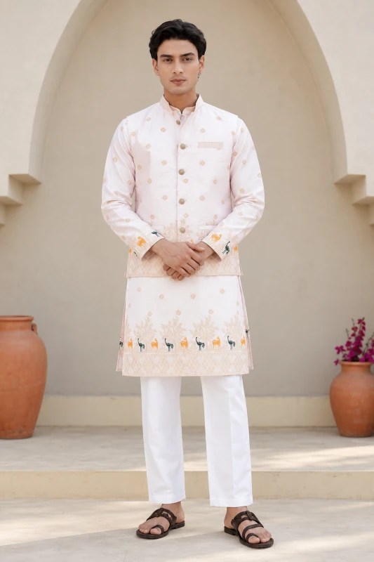 Peach Bunaavat Pashu Baagh Jacquard Koti Kurta Set