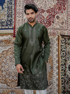 Olive Green Embroidered Designer Kurta Festive and Wedding Wear
