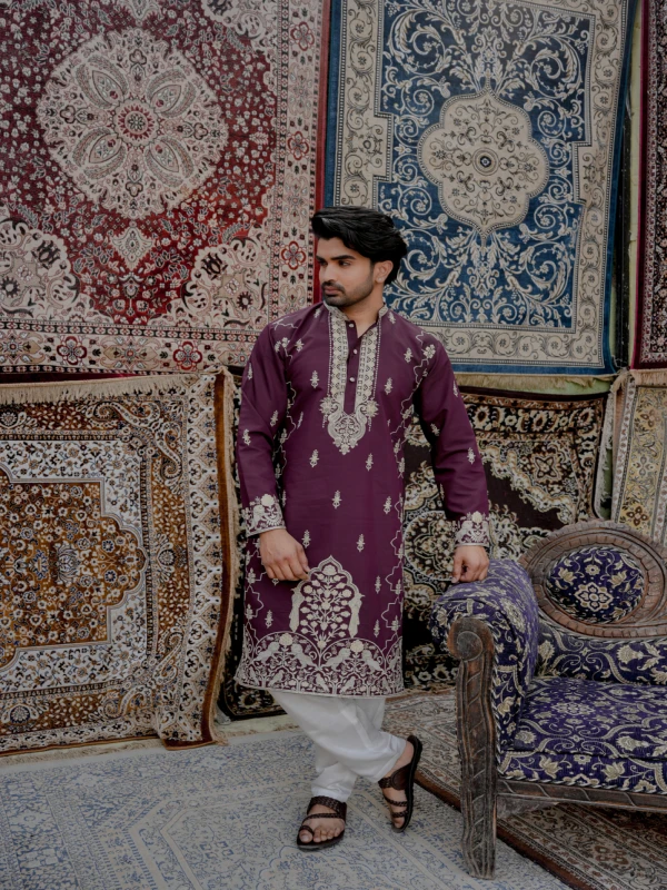 Mens Wine Heritage Embroidered Designer Kurta Luxury Wedding & Festive Wear