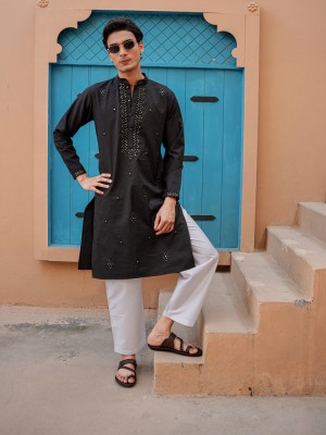 Mens Black Hand Embellished Designer Kurta Contemporary Festive Wear
