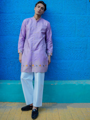 Men's Lavender Jacquard Designer Kurta Contemporary Festive Wear