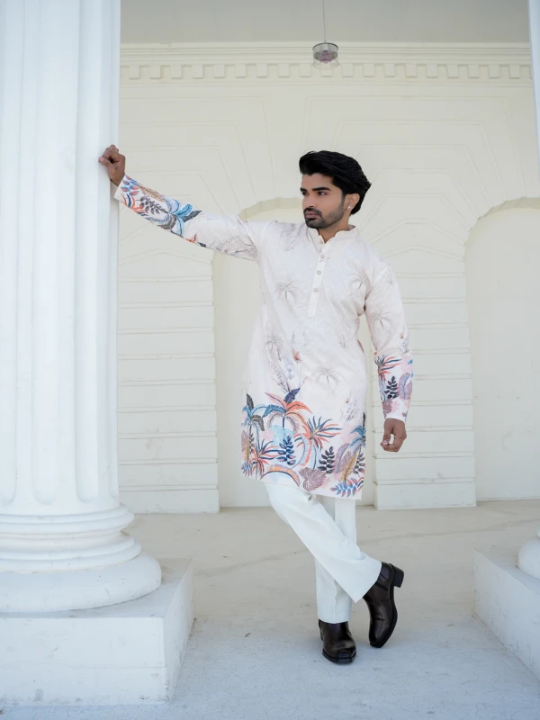 Men Off  White Rayon Schiffali Digital Print Kurta