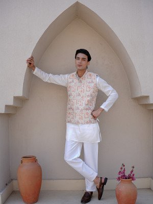 Ivory Kurta Pant Set with Orange Printed Nehru Jacket