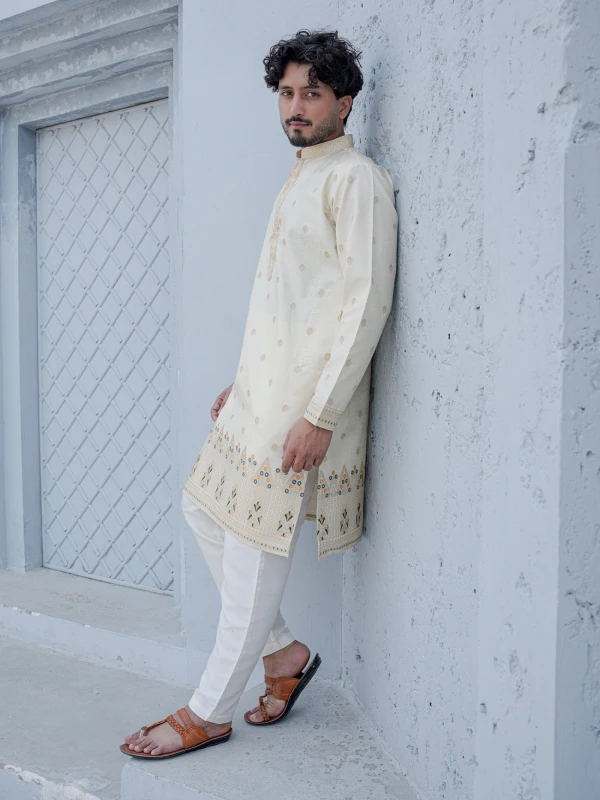Men’s Cream Jacquard Ethnic Kurta with Woven Motifs