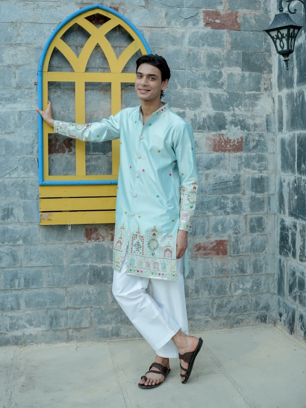 Mens Skyblue Multicolor Embroidered Designer Front Open Indo Western Kurta