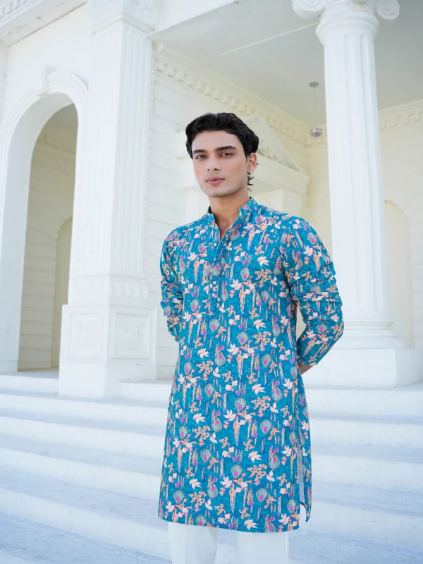 Teal Heritage Print Schiffli Embroidered Kurta Statement Festive Wear