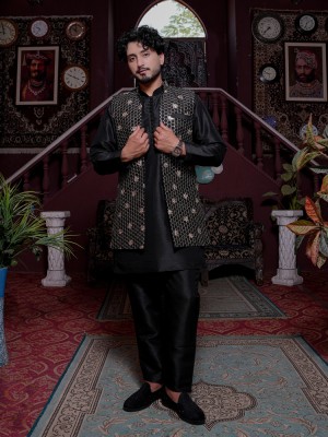 Mens Black Koti Kurta Set with Embroidered Nehru Jacket Royal Festive Wear