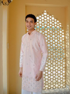 Light Pink Nazakat Noorbuti Self Woven Kurta