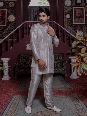 Men's Grey Kurta Set with Embroidered Nehru Jacket Elegant Wedding Wear