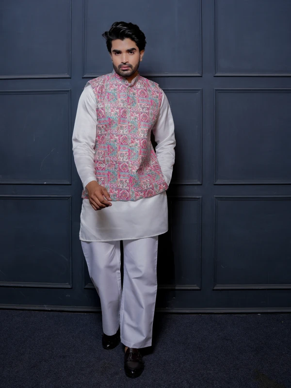 Pink Printed Koti with Ivory Kurta Festive Ethnic Set
