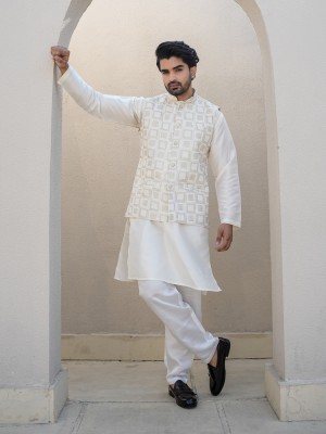 Ivory Kurta Set with Textured Nehru Jacket Classic Wedding Wear