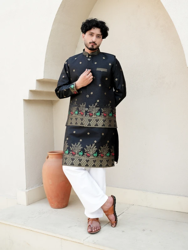 Black Jacquard Animal Pattern Kurta with Jacket Festive Ethnic Set