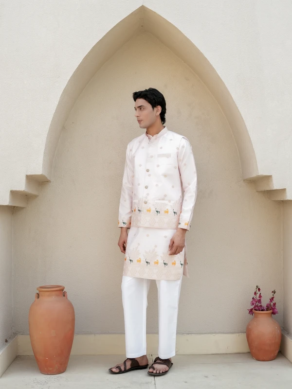 Mens Light Pink Jacquard Animal Pattern Kurta with Jacket Festive Ethnic Set