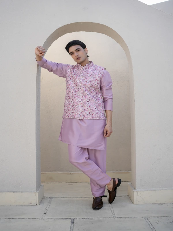 Mens Lilac Koti Kurta Set with Embroidered Jacket Festive Wedding Wear