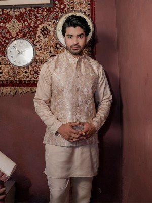 Men Beige Kurta Pajama with Embroidered Nehru Jacket Elegant Wedding & Festive Ethnic Set