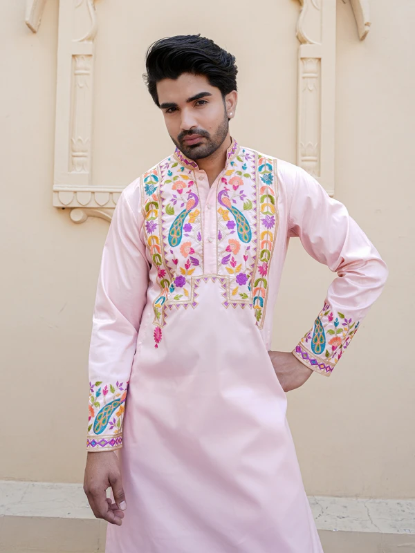 Mens Peach Multicolor Embroidered Designer Kurta Festive Wear