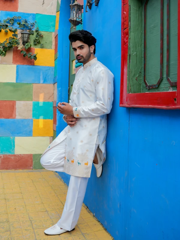 Mens White Jacquard Designer Kurta Contemporary Festive Wear