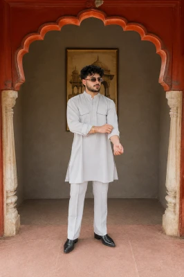 Pearl Grey Riwaayat Shastra Pathani Kurta Pant Set - Grey