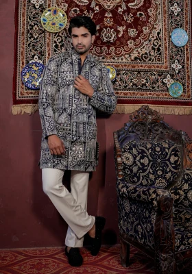 Midnight Blue Rangrez Jharokha Naqsh Embroidered Kurta - Blue