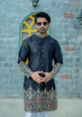 Classic Black Sheher Naqsh Front Open Embroidered Kurta - Black