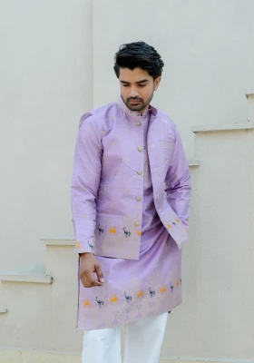 Lavender Bunaavat Pashu Baagh Jacquard Koti Kurta Set - Lavender