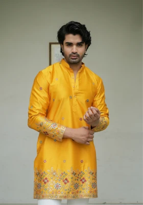 Mustard Yellow Noorjaal Gulrang Embroidered Kurta - Mustard