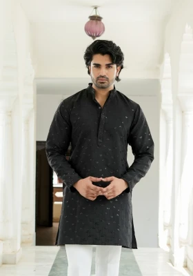 Midnight Black Nazakat Karigar Embroidered Kurta - Black