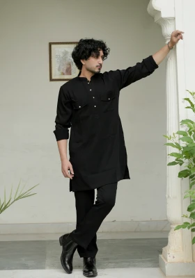 Classic Black Riwaayat Shastra Pathani Kurta Pant Set - Black