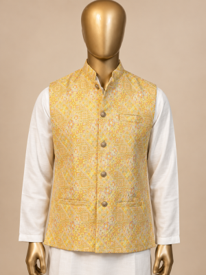 Golden Yellow Riwaayat Gulchowk Woven Koti - Yellow